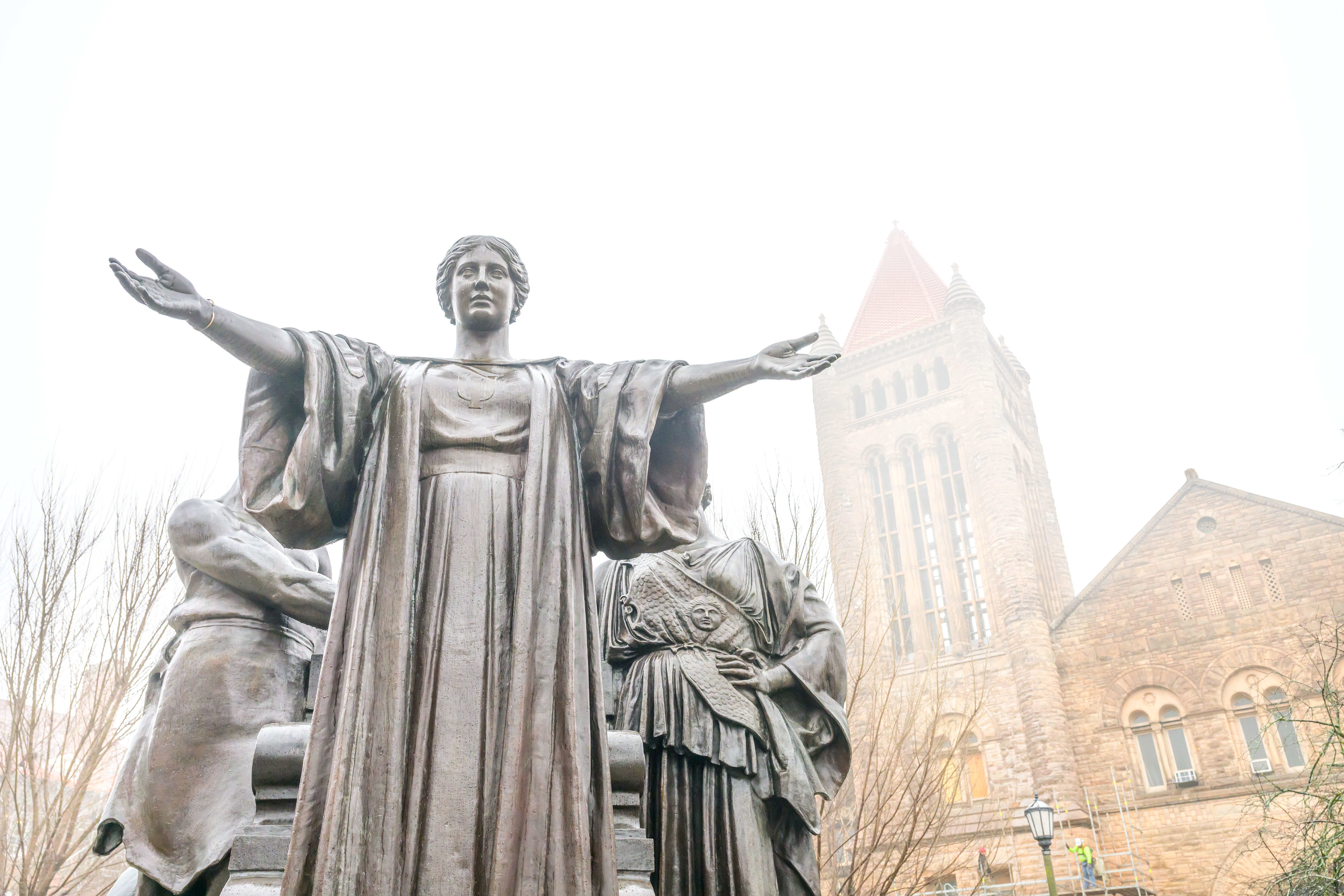 Alma Mater on a foggy, rainy day.
